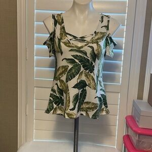 Pinc Green Leaf Print Cold Shoulder Tank Top